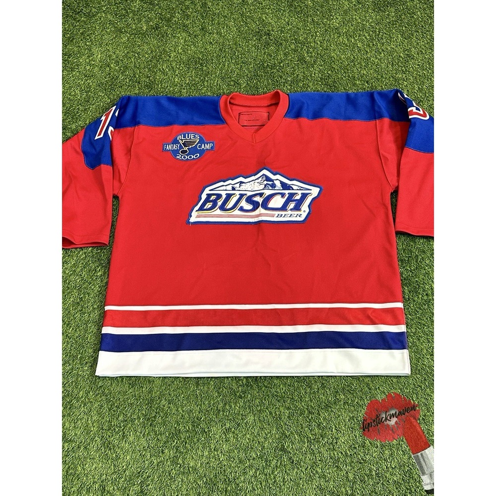 Vintage Busch Beer Hockey Jersey Blues Fantasy Camp 2000 Embroidered Design Y2K